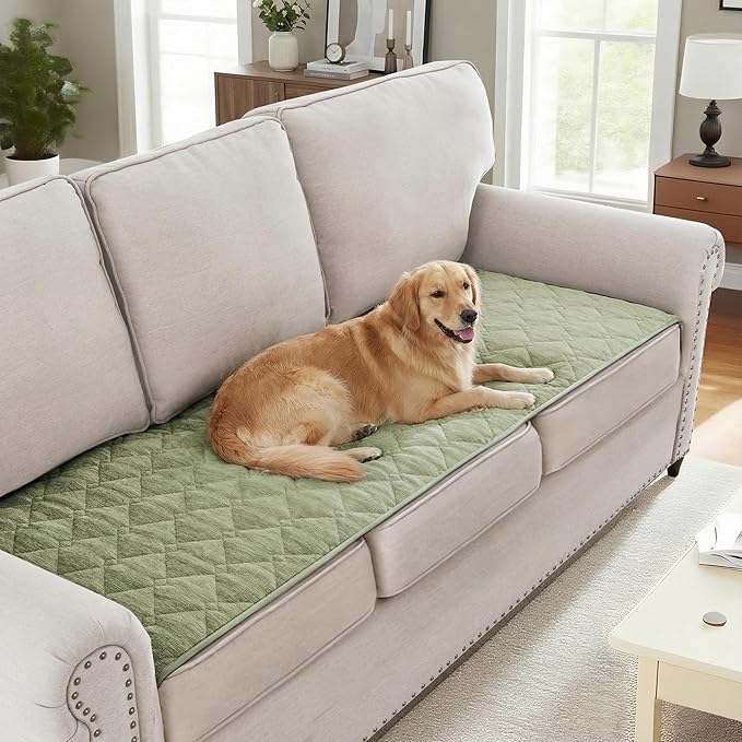 H.VERSAILTEX Couch Cover Chenille Pet Fuzzy Sofa Covers for 3 Cushion Couch Anti Slip Washable Sofa Slipcovers with Strap Soft Couch Protector Cover for Dogs Cats Kids(27.6" x 82", Tender Green)