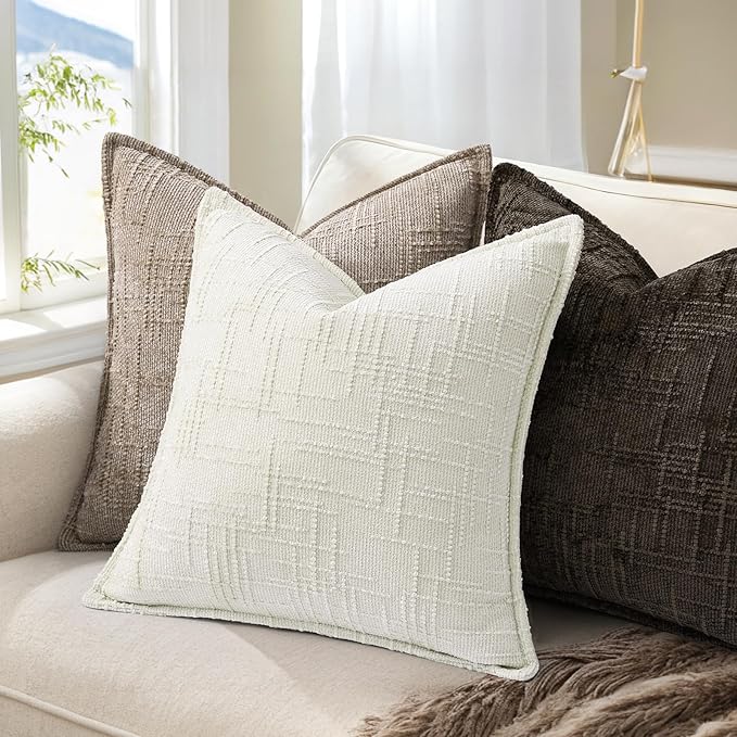 decorUhome Chenille Throw Pillow Covers 16x16 Set of 2, Thick Textured Slubby Neutral Decorative Pillow Covers with Elegant Design for Couch, Sofa, Living Room, Chocolate