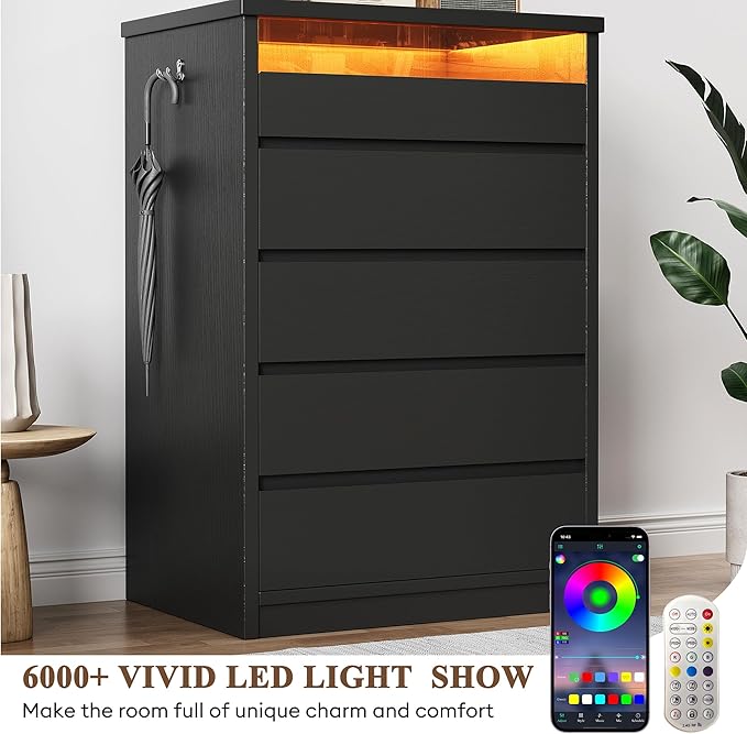 Larger Black 5 Drawer Dresser for Bedroom with LED Light, Modern Chest of Drawers with Hidden Handles, Tall Wooden Dresser Closet for Living Room, Entryway, Hallway - Black