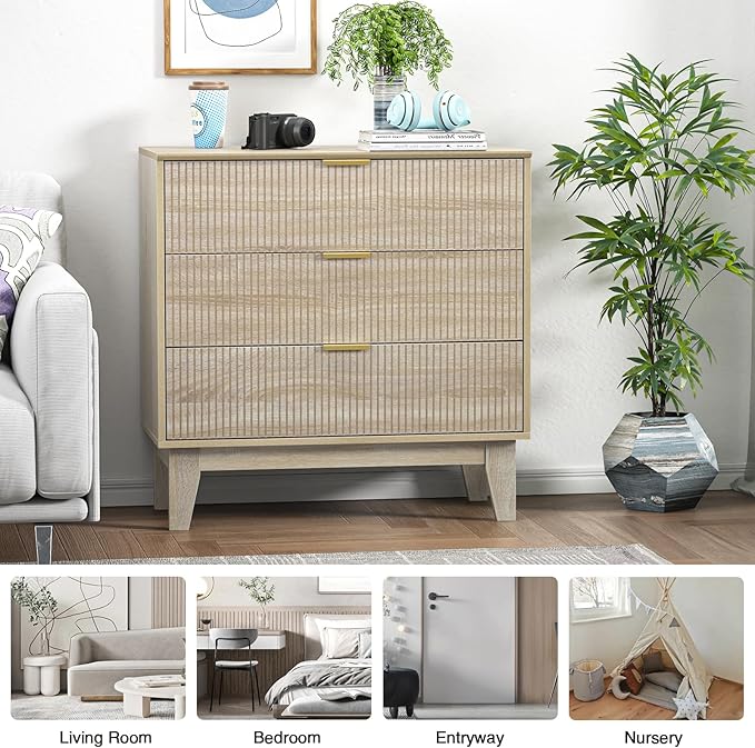 Anmytek 3 Drawer Dresser for Bedroom, Modern Closet Dressers Chest of Drawers, Wood Tall Dresser Storage Dresser Large Nightstand for Bedroom Living Room Hallway Closet, H0113