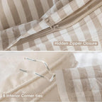 MooMee Striped Duvet Cover Set 100% Washed Cotton Linen Like Textured Breathable Durable Soft Comfy (Tannish Linen Grey White Classic Stripes, Oversized Queen 98"x98")