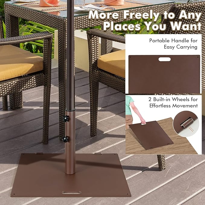 HAPPYGRILL 50 LBS Patio Umbrella Base, 24” Outdoor Square Market Umbrella Base Umbrella Holder with 1.6”/1.9” Adapters, 2 Tightening Knobs, 2 Built-in Wheels, Carry Handle