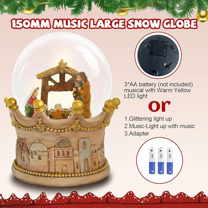 8.25 Inch Height Christmas Snow Globe with LED Light Musical Snowflakes Holiday Decoration, Nativity Scene Oversized Resin Snowglobes, Christmas Holiday Decor.