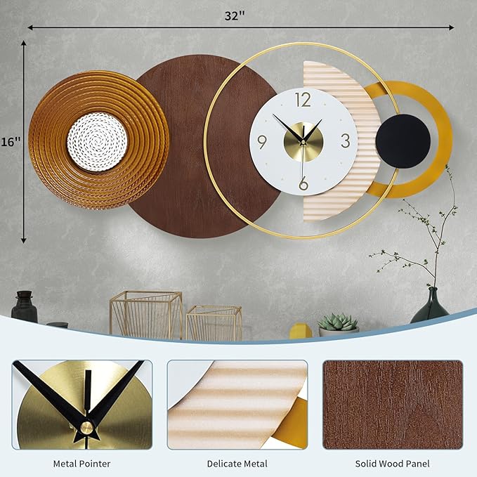 32x16 inch Large Modern Mid-Century Wall Clock - Non-Ticking Silent Metal and Wood Brown Decorative Clock, Battery Operated Analog Clocks for Living Room, Bedroom, Home Decor
