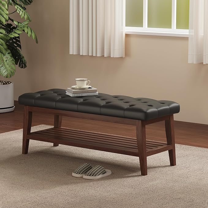 LEILISI Entryway Shoe Bench with Storage, End of Bed Bench, Microfiber Leather Upholstered Button-Tufted Seat Bench with Solid Wood Frame for Living Room, Bedroom (Black, 43.3'')