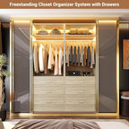 Closet System Set of 2, 4FT Closet Systems with 6 Wood Drawers, 48" Closet Organizer System with 2 Hanging Rods & 2 Shelves, Heavy Duty 48 Inch Walk-in Closet, White Oak (48"L x 15" W x 80" H)