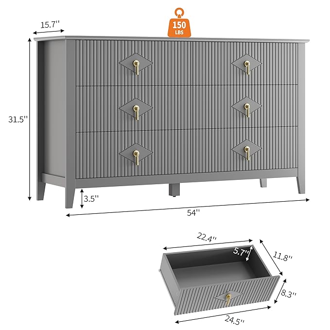 GarveeHome Fluted Dresser for Bedroom, 54 Inch Wide 6-Drawer Wood Dresser, Modern Chest of Drawers, Storage Organizer Cabinet for Living Room, Hallway, Entryway, Grey