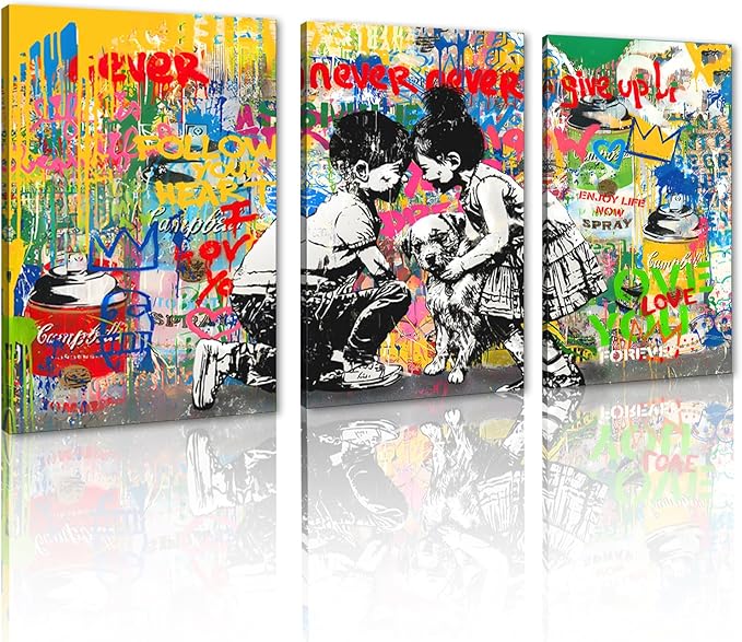 Novatique Banksy Canvas Wall Art Graffiti Pictures Wall Decor Abstract Boy and Girl Street Art Canvas Painting Home Decor Graffiti Art Oil Painting for Living Room Bedroom, 24”x 36”x 3Pcs