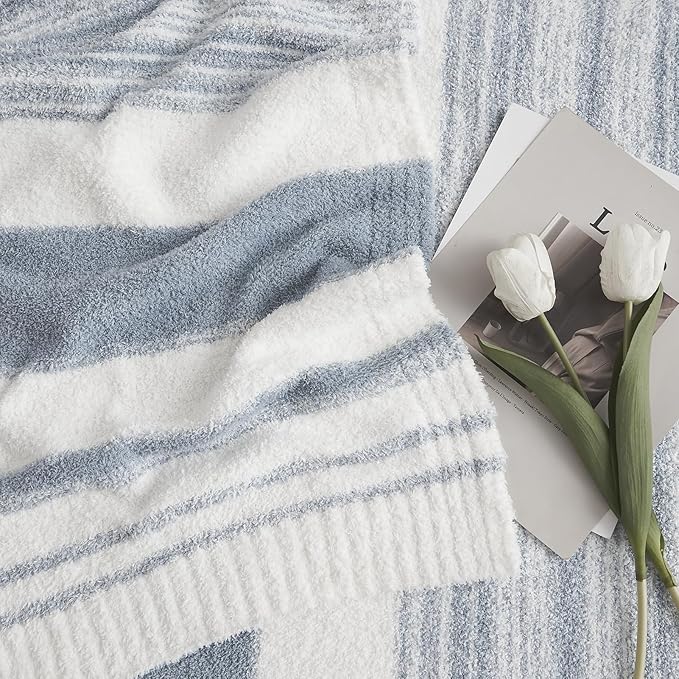 WRENGONGE Grey Blue Throw Blanket, 50x70 Soft Cozy Striped Throw Blankets for Couch, Sofa, Bed, Travel, Lightweight Fluffy Warm Plush Decorative Blankets for Women, Men Gift