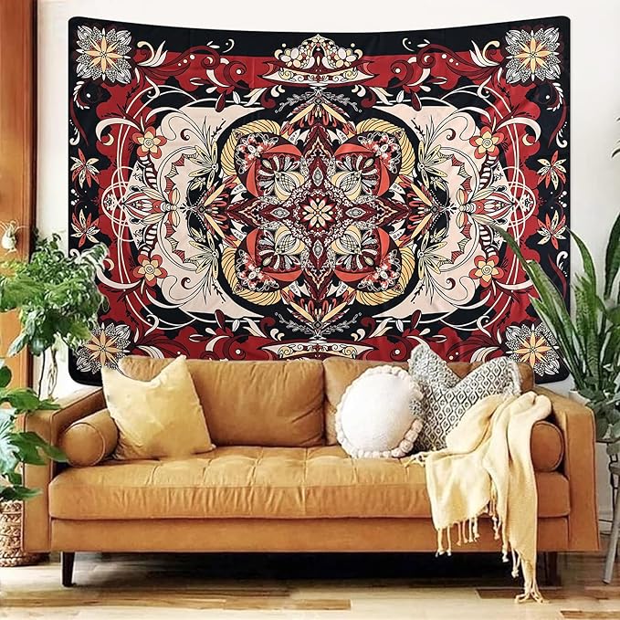Boho Mandala Moth Tapestry,Hippie Floral Aesthetic Wall Tapestries, Psychedelic Aesthetic Decor, Large Tapestry for Bedrooms, Living Rooms, and Dorms-59.1x49.2 Inch