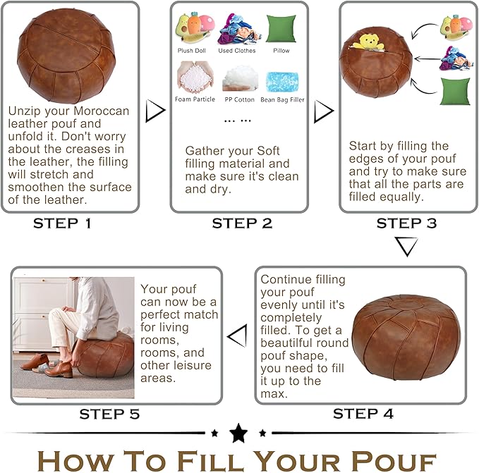 Thgonwid Round Unstuffed Pouf Cover, Leather Foot Stool Ottoman with Storage, Bean Bag Floor Chair, Multi Functional Footrest for Living Room, Bedroom or Balcony (Brown)