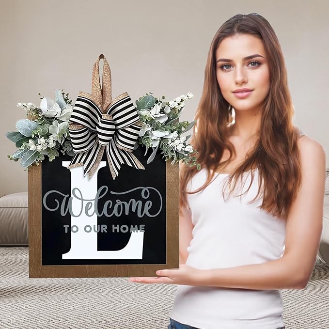 Ultra Large 14'' Last Name All Year Round Front Door Wreath with 26 Initial Letter Welcome Sign All Seasons Eucalyptus Garland and Bow Wreaths for Front Door Porch Farmhouse Decoration (L)