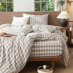 MooMee Gingham Duvet Cover Set 100% Washed Cotton Linen Like Textured Breathable Durable Soft Comfy Modern Checkered Design (Buffalo Plaid Tannish Linen Grey, King 104"x90")