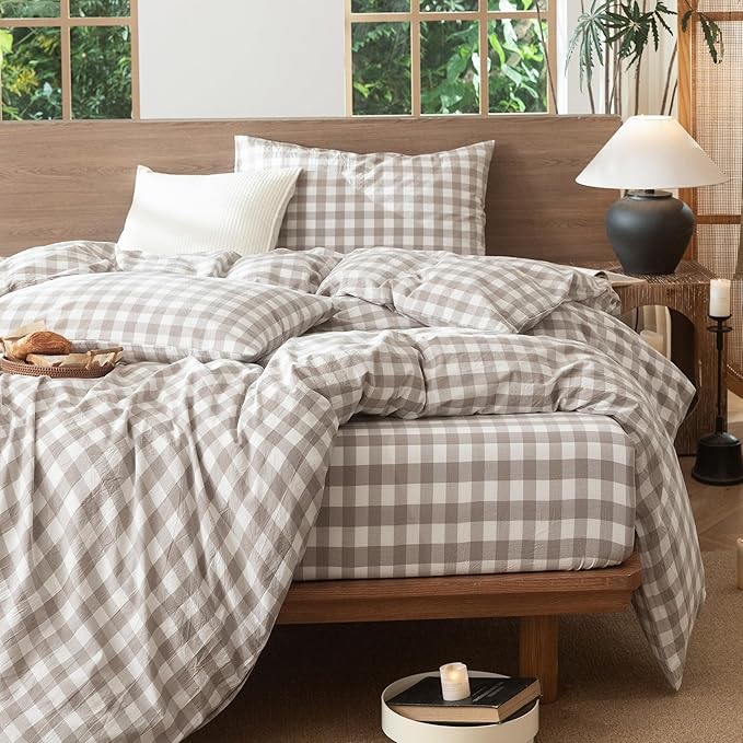 MooMee Gingham Duvet Cover Set 100% Washed Cotton Linen Like Textured Breathable Durable Soft Comfy Modern Checkered Design (Buffalo Plaid Tannish Linen Grey, Queen 90"x90")