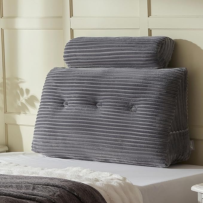 Headboard Wedge Pillow + A Long Neck Roll Pillow Body Pillow，Large Headboard Pillow with Removable Cover (Gray, Twin：39x8x20 inches)