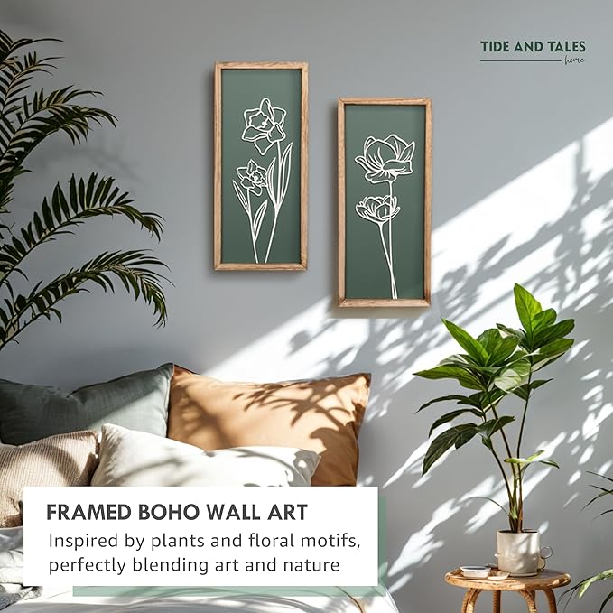 3D Floral Green Wall Art (Set of 2) Lightweight, Wooden Ready-to-Hang Boho Framed Wall Art for Bathroom, Bedroom, Living Room or Office – Premium Sage Green Farmhouse Decor – Gift-Boxed