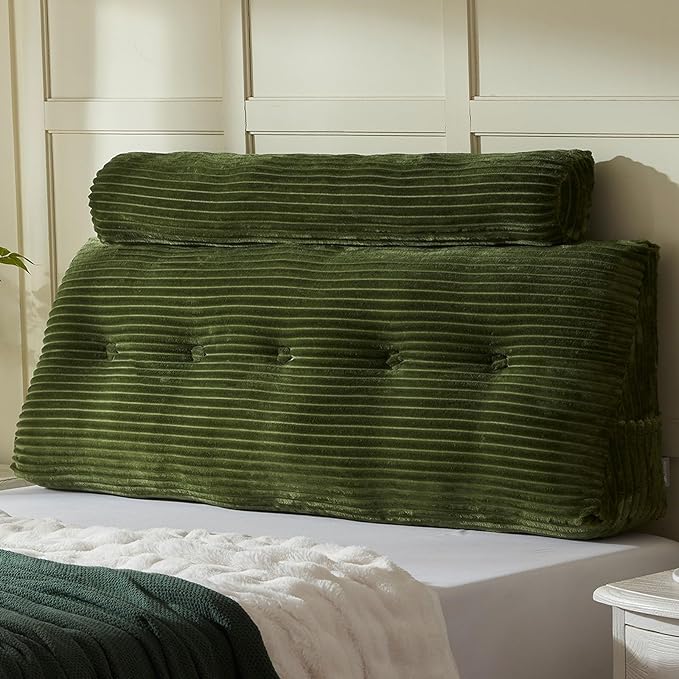 Headboard Wedge Pillow + A Long Neck Roll Pillow Body Pillow，Large Headboard Pillow with Removable Cover (Green, Queen：59x8x20 inches)