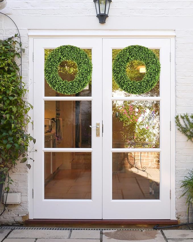 DDHS 20''Boxwood Wreaths for Front Door，Artificial Spring Wreaths for Farmhouse Wedding Green Year Round Indoor Outdoor for Fall Summer Christmas Wreath Home Decorations-Green