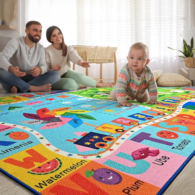 Kids Rug for Playroom, 5x7 ABC Educational Carpet for Classroom, Fun Alphabet Area Rugs for Learn Numbers Colors Animal Weather and Shapes Playmat for Girls Boys Room Nursery Decor