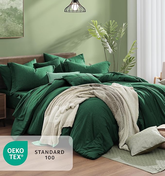 Monbix King Size Comforter Set, Emerald Green King Bedding Set Reversible, King Comforter Set 7 Pieces, Cationic Dyeing Bed in a Bag with Comforter, Sheets, Pillowcases & Shams
