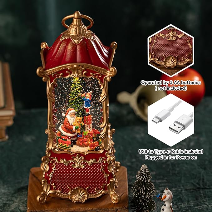 Christmas Snow Globe Lantern with Santa Claus – Vintage 8 Songs Musical Box, Automatic Snowfall, Led Light, USB or Battery Powered,for Christmas Festival Home Fall Decoration Gifts, Red
