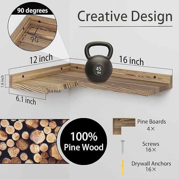 4 Tier Floating Corner Shelves Set of 4, Rustic Pine Wood Floating Corner Wall Shelf for Wall Décor Storage, L Shaped Corner Shelf Wall Mount for Bedroom,Living Room,Bathroom,Kitchen,Carbonized Black.