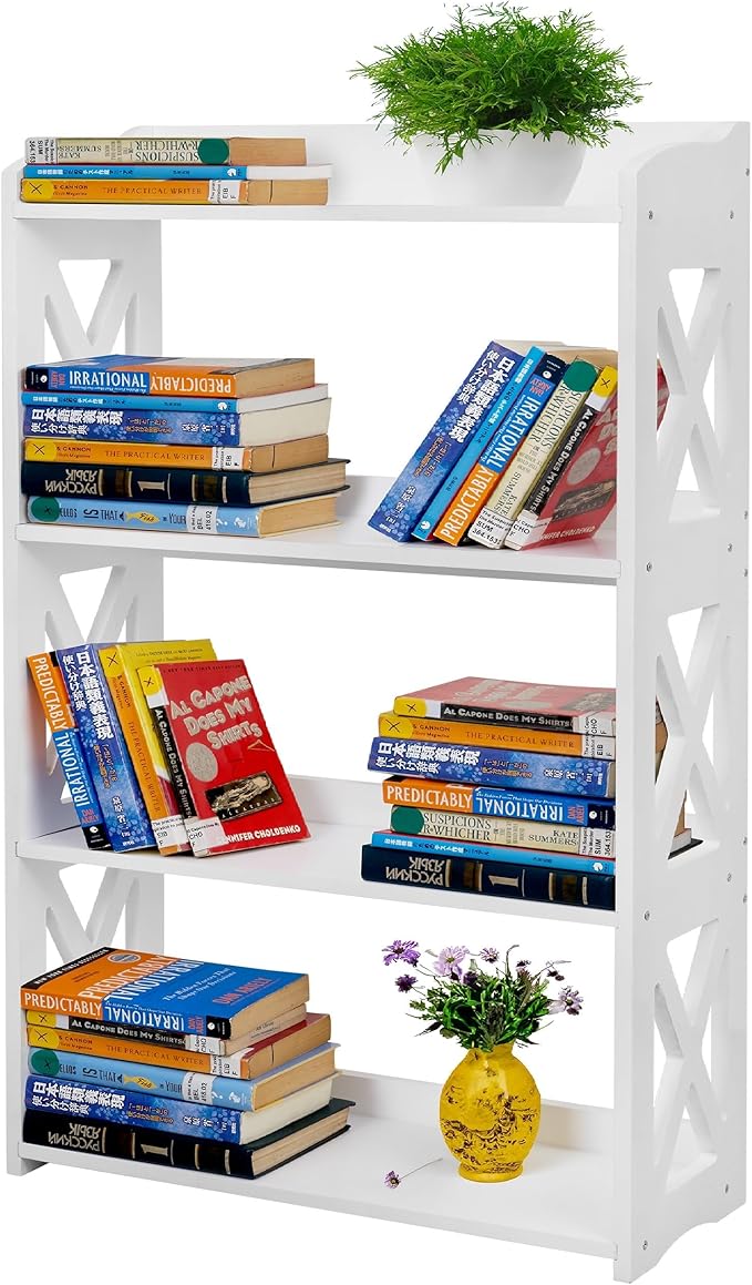White Bookcase by Natural Wood, 4 Tier Bookshelf, Small Book Shelves Freestanding Display Storage Shelves. Open Bookshelf for Bedroom, Living Room and Office (White, 4 Tier)