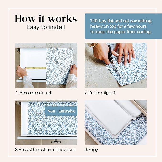 Drawer Liners - 14 in x 19.5 in, Pack of 6 - Fresh Linen Scented Drawer Liners - Damask Design & Scented Shelf Mat - Trim-to-Fit Sheet