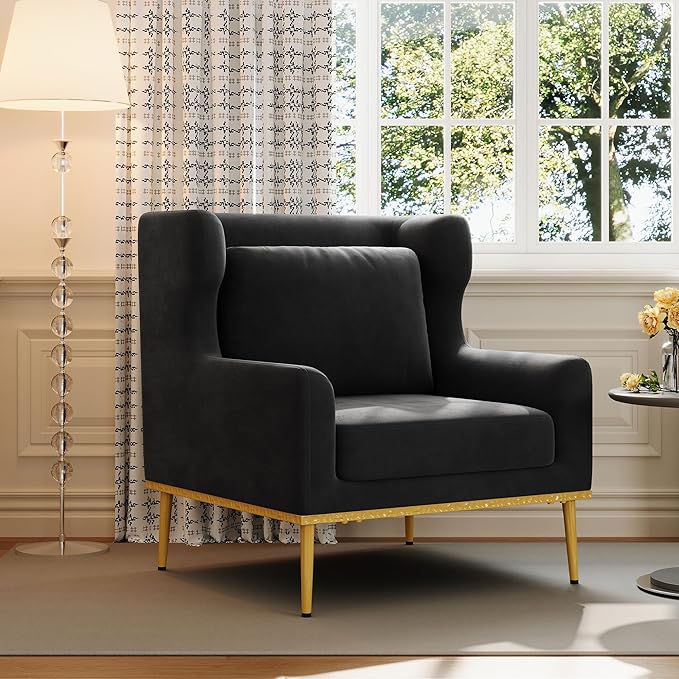Merax Luxury Velvet Accent Chair, Modern Mid-Century Armchair for Living Room, Bedroom Reading Corner, Comfortable Tufted Single Seater Sofa Chair with Iron Legs (Black)