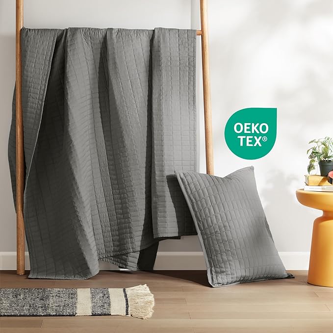 Comfort Spaces Kienna Quilt Set- Double Sided Stitching Design Summer Blanket, Lightweight, Soft, All Season Bedding Layer, Matching Sham, Charcoal, Coverlet Twin/Twin XL(66"x90") 2 Piece