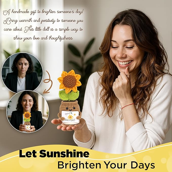 DUGATO Handmade Crochet Positive Sunflower with Magnetic Hands & 10 Customizable Cards - Uplifting Gift for Women, Friends, Coworkers - Cute Desk Decor for Office & Home