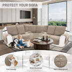 Recliner Sofa Covers 100% Waterproof Velvet L Shape Recliner Couch Covers for Dogs Pets Washable Anti Slip Recliner Slipcovers with Pockets (5 Seat Sofa with 2 Console, Khaki)