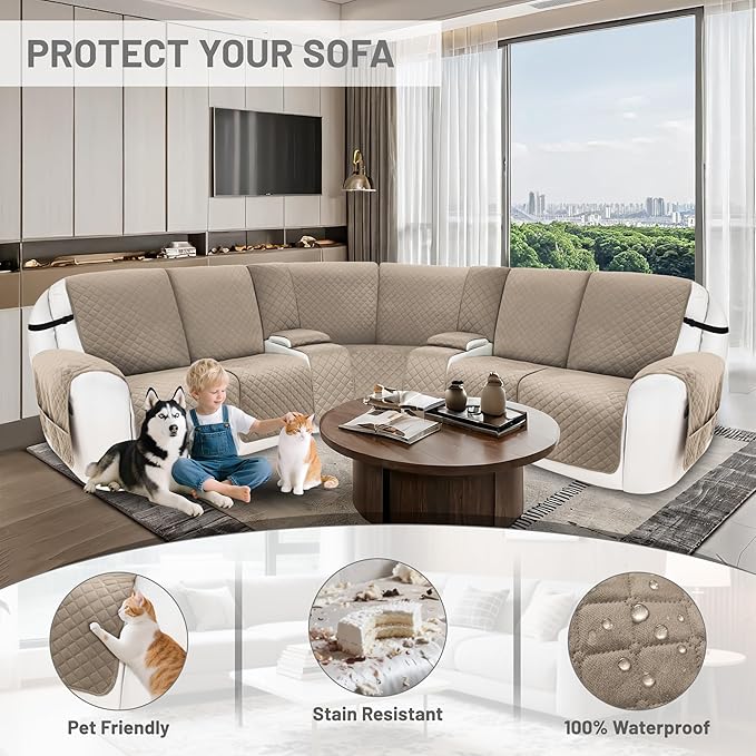 Recliner Sofa Covers 100% Waterproof Velvet L Shape Recliner Couch Covers for Dogs Pets Washable Anti Slip Recliner Slipcovers with Pockets (5 Seat Sofa with 2 Console, Khaki)