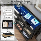 EXOTICA Black Dresser with Charging Station 9 Drawers Dresser with LED Light and USB Ports Fabric Dressers for Bedroom Hallway Entryway Closets Sturdy Steel Frame Wood Top