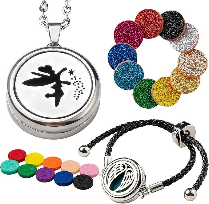 Essential Oil Diffuser Necklace & Bracelet Set 2pcs, Elf Aroma Locket Necklace + Wings Diffuser Bracelet Adjustable with 20 Refill Pads Jewelry, Christmas Anniversary Birthday Gifts for Women
