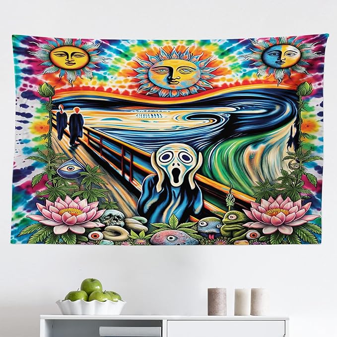 Ambesonne Trippy Tapestry, Tie Dye Effect Esoteric Sun Moon Psychedelic the Scream Interpretation with Flowers, Fabric Wall Hanging Decor for Bedroom Living Room Dorm, 45" X 30", Multicolor
