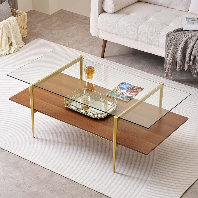 X-Large Rectangle Glass Coffee Table, Mid-Century Modern Design for Living Room, L47xW24xH17 inch, 2-Tier Structure, Clear Glass Top and Walnut MDF Shelf, Conical Metal Legs with Gold Finish