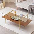 X-Large Rectangle Glass Coffee Table, Mid-Century Modern Design for Living Room, L47xW24xH17 inch, 2-Tier Structure, Clear Glass Top and Walnut MDF Shelf, Conical Metal Legs with Gold Finish
