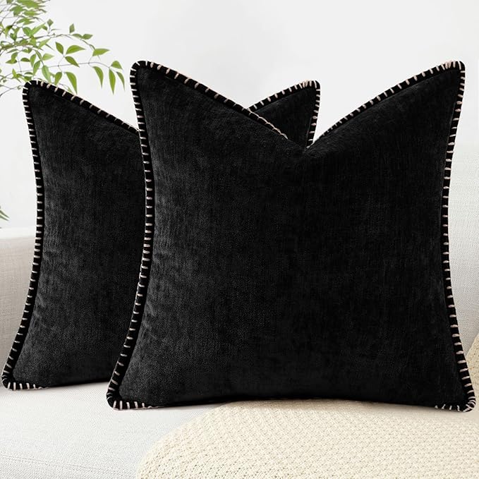 decorUhome Spring Chenille Soft Cozy Throw Pillow Covers 26x26 Set of 2, Modern Farmhouse Boho Velvet Decorative Euro Sham Pillow Cases with Stitched Edge for Couch Sofa Bed Home Decor, Black