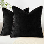 decorUhome Spring Chenille Soft Cozy Throw Pillow Covers 26x26 Set of 2, Modern Farmhouse Boho Velvet Decorative Euro Sham Pillow Cases with Stitched Edge for Couch Sofa Bed Home Decor, Black