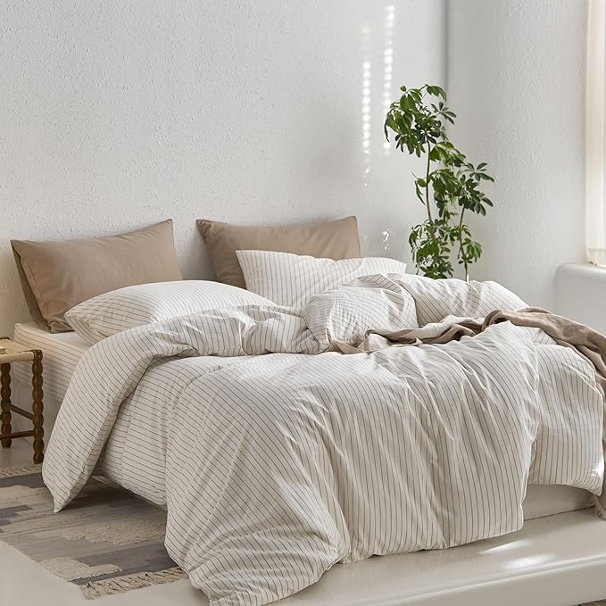 MooMee Striped Duvet Cover Set 100% Washed Cotton Linen Like Textured Breathable Durable Soft Comfy (White Tannish Linen Grey Wide Stripes, Oversized Queen 98"x98")
