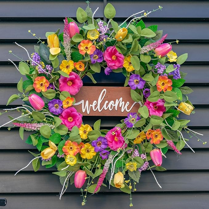 Spring Wreaths for Front Door Outside – 24 Inch Artificial Tulip & Wildflower Summer Wreath with Green Eucalyptus Leaves and Welcome Sign- Indoor Outdoor Farmhouse Home Porch Wall Decor