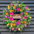 Spring Wreaths for Front Door Outside – 24 Inch Artificial Tulip & Wildflower Summer Wreath with Green Eucalyptus Leaves and Welcome Sign- Indoor Outdoor Farmhouse Home Porch Wall Decor