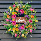 Spring Wreaths for Front Door Outside – 24 Inch Artificial Tulip & Wildflower Summer Wreath with Green Eucalyptus Leaves and Welcome Sign- Indoor Outdoor Farmhouse Home Porch Wall Decor
