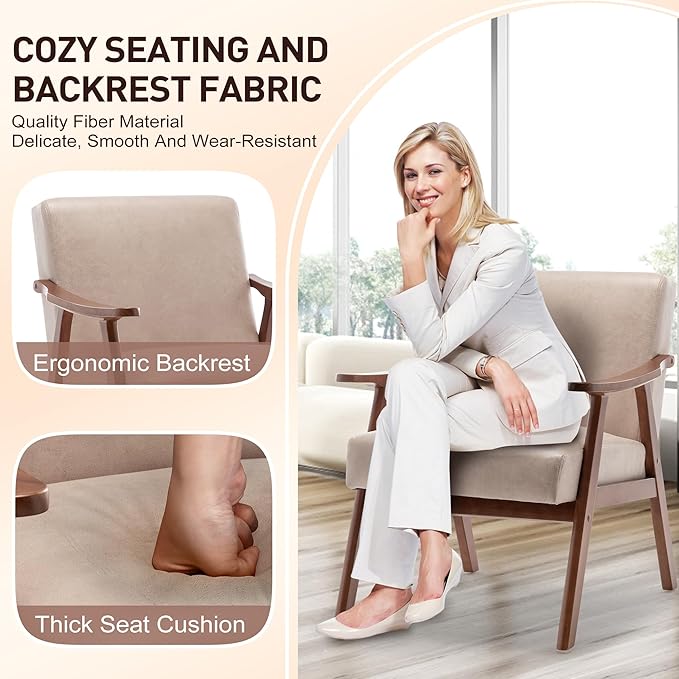 KEIKI Mid-Century Modern Accent Chair with Solid Wood Frame, Velvet Upholstered Chair with Supportive Foam Cushion for Relaxing & Reading