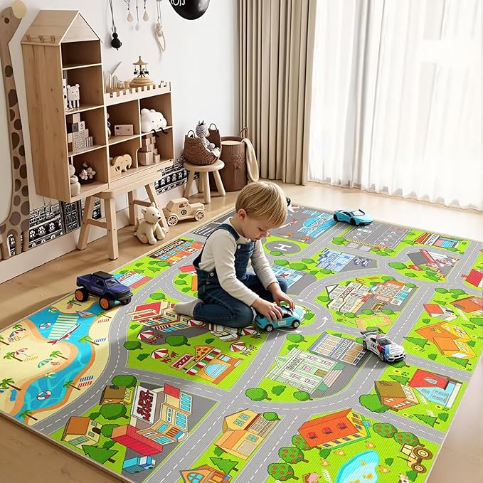 Boys Car Rugs for Kids Toy Cars,Large City Road Rug for Playroom Airport Track Play Mat Carpet 4' x 6' Educational Fun Play Mats for Floor Boys Playmat for Kids Room,Classroom, Bedroom