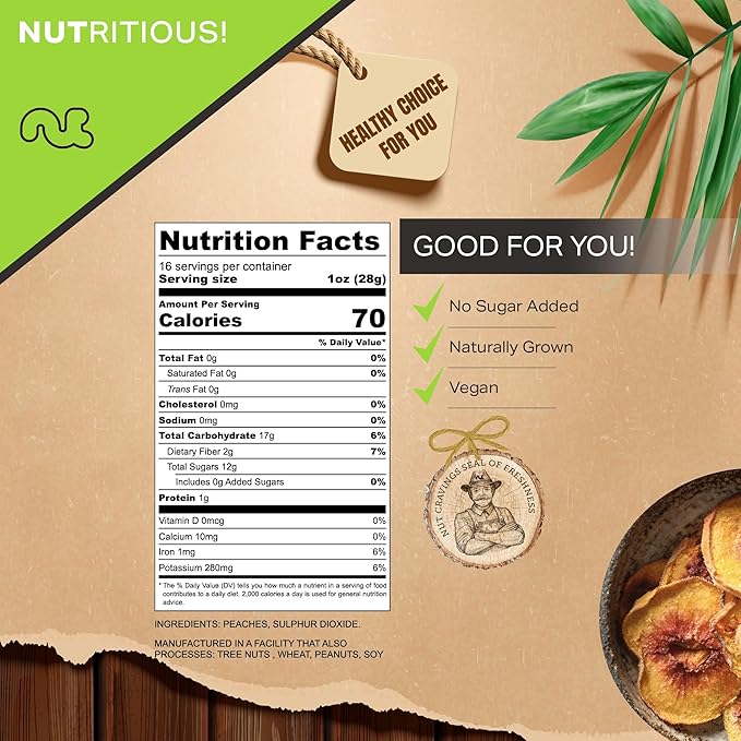 NUT CRAVINGS - Dried California Peaches, No Sugar Added, Unsweetened (16oz, 1 LB) Tu Bishvat Favorite - Sweet Healthy Snack, Vegan, Kosher, Resealable Bag