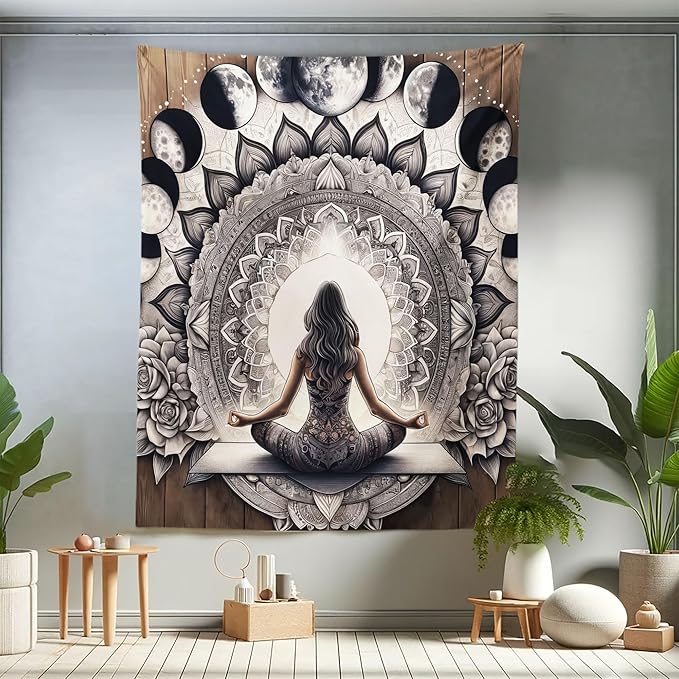 Ambesonne Mandala Tapestry Twin Size, Meditating Lady with Ethnic Florals and Lunar Phases Frame Rustic, Wall Hanging Bedspread Bed Cover Wall Decor, 68" X 88", Cocoa Charcoal Grey White