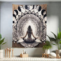 Ambesonne Mandala Tapestry Twin Size, Meditating Lady with Ethnic Florals and Lunar Phases Frame Rustic, Wall Hanging Bedspread Bed Cover Wall Decor, 68" X 88", Cocoa Charcoal Grey White