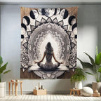 Ambesonne Mandala Tapestry Twin Size, Meditating Lady with Ethnic Florals and Lunar Phases Frame Rustic, Wall Hanging Bedspread Bed Cover Wall Decor, 68" X 88", Cocoa Charcoal Grey White